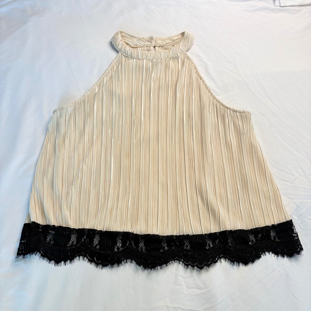 Iris LA Pleated Dressy Halter Satin Blouse Champagne Black Lace Dinner Party (L)